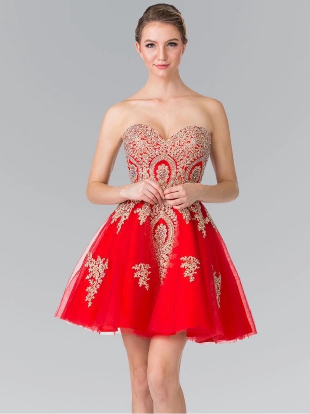 Strapless Red Dress with Gold Embroidery